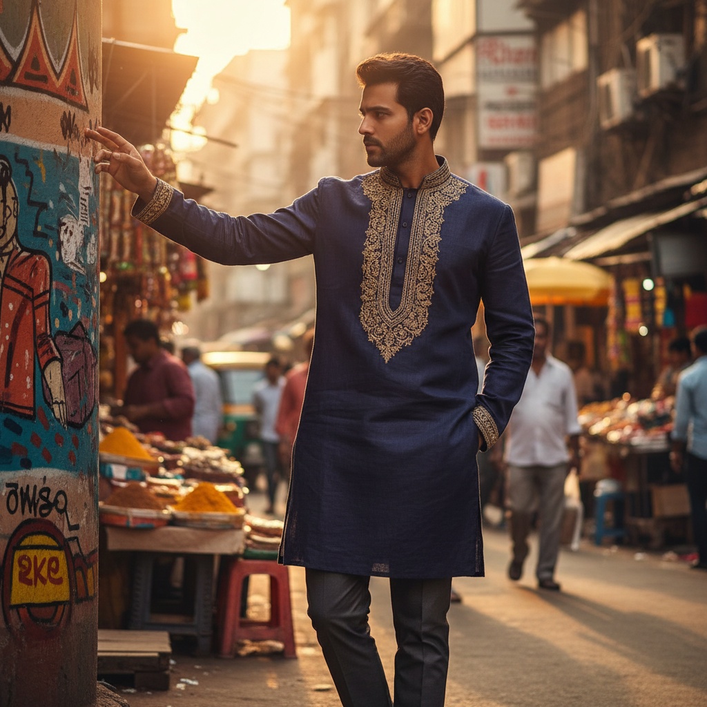 James, a 30-year-old male model of Middle Eastern descent, stands confidently in the bustling streets of Mumbai during the golden hour. He is dressed in a tailored rich indigo linen kurta with intricate gold embroidery, paired with modern fitted trousers. His expression exudes focused determination as he gestures toward the vibrant street art and lively market stalls. The composition showcases the connection between tradition and modernity, using soft yet dramatic lighting to enhance his features, perfectly capturing the energy and colors of Mumbai.