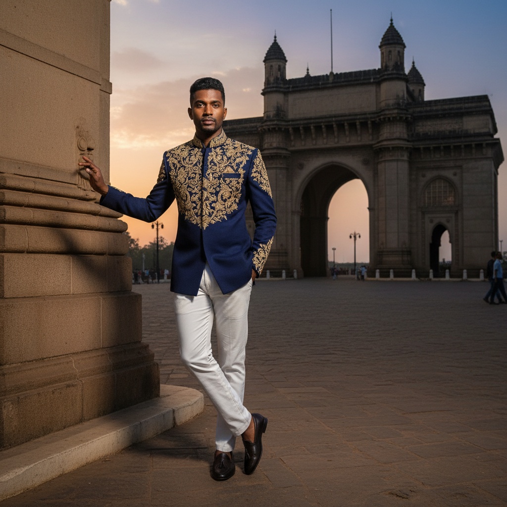 David, a 31-year-old black male figure in a tailored navy blue achkan with gold embroidery, stands poised in front of the iconic Gateway of India at dusk. He exudes modern elegance with slim-fit white trousers and neatly styled hair, complemented by classic loafers. The warm glow of the sunset enhances the majestic stone of the monument, framing him gracefully. David's relaxed yet confident pose, with one hand in his pocket and the other lightly touching the gateway, reflects a deep connection to India's rich heritage while embodying contemporary style. The composition follows the rule of thirds, capturing the grandeur of the gateway alongside his sophisticated persona, making it ideal for a high-fashion narrative celebrating the blend of culture and couture.
