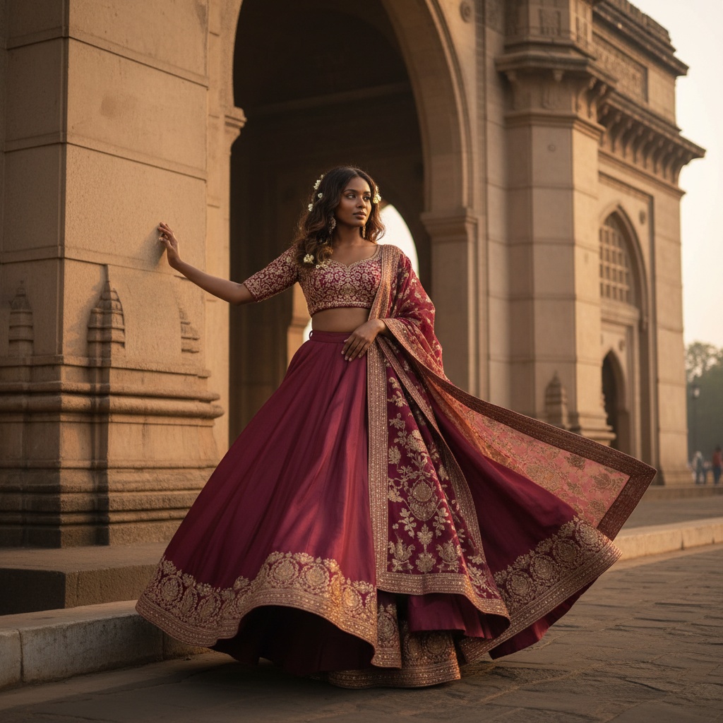 A striking portrait of Jane, a 25-year-old Black woman, framed against the iconic Gateway of India. She embodies the grace and vibrancy of contemporary Indian culture, wearing an alluring lehenga crafted from intricately embroidered silk in deep burgundy and gold. The flared silhouette swirls around her as she moves, creating an ethereal aura. Her hair cascades in elegant waves, adorned with fresh jasmine flowers, and she stands at a slight angle to the camera, one hand resting on the stonework of the monument and the other delicately holding her intricately crafted dupatta. Golden hour lighting casts a warm glow on her radiant skin and deep hazel eyes, complemented by the majestic arches of the Gateway, making the image a perfect blend of cultural pride and modern elegance. The composition captures a sense of poised confidence, celebrating both the beauty of the subject and the historic significance of her surroundings.