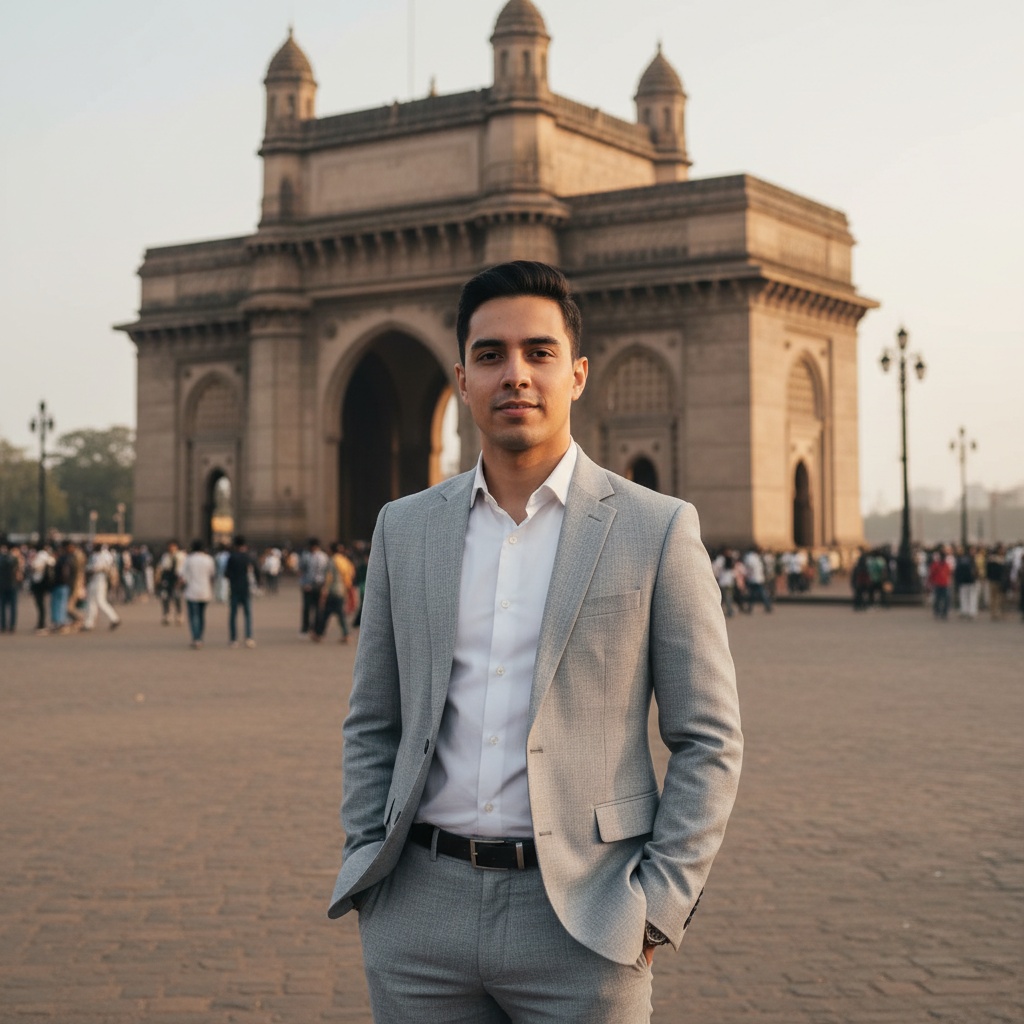 A striking image of John, a 26-year-old Latin male exuding effortless charisma, standing at the majestic Gateway of India. Dressed in a contemporary, tailored light gray linen suit paired with a crisp white shirt, he embodies a relaxed demeanor that contrasts with the historic grandeur around him. The late afternoon sun casts a warm, golden glow, illuminating his features and the soft texture of his suit. One hand is casually tucked into his pocket, while the other rests at his side, conveying confidence. The intricate Indo-Saracenic architecture serves as a rich cultural backdrop, as the vibrant energy of Mumbai buzzes around him, with the shimmering waters of the Arabian Sea reflecting the last rays of sunlight. This composition captures the essence of modern travel intertwined with tradition, inviting the viewer into a moment of connection and discovery.