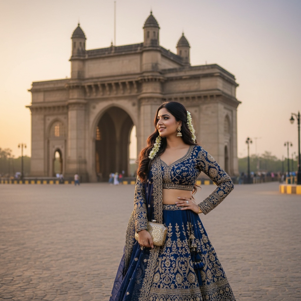 A captivating portrait of Sarah, a 27-year-old Indian woman standing gracefully before the iconic Gateway of India. She is draped in a rich, deep navy blue lehenga embellished with intricate gold embroidery, exuding regal elegance. Her delicate blouse features long sleeves and a plunging neckline, complementing her flowing hair adorned with jasmine flowers. Set during the golden hour, the warm light enhances the architectural grandeur of the Gateway, as Sarah stands confidently, one hand on her hip holding a shimmering gold clutch. Her expression reflects joy and contemplation, embodying modern India's vibrancy while honoring cultural heritage. The composition captures a beautiful dialogue between tradition and contemporary fashion.