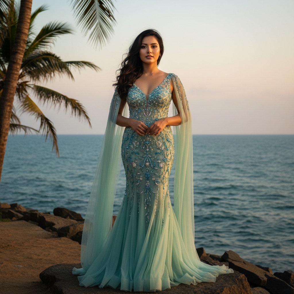 Emily, a captivating 34-year-old Asian woman, exuding the allure of a modern mermaid along Marine Drive. She wears a flowing, seafoam green chiffon gown with delicate tulle cascading from her shoulders, adorned with intricate beadwork that glimmers in the sunlight. Her hair flows in soft beachy waves, catching the coastal breeze, while her luminous makeup highlights her sun-kissed skin with a soft bronze glow. The warm golden hour light envelops her, blending the cobalt blue ocean with soft pastels of the sky. Surrounded by gently swaying palm trees, her pose conveys serene confidence, embodying strength and tranquility in a beautiful symphony of nature and femininity.