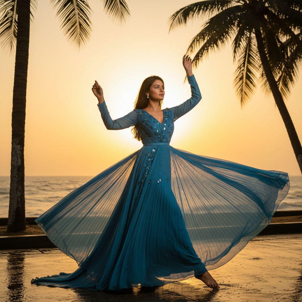 Jane, a striking Indian woman aged 28, embodies the essence of 'Eternal Waves' at Marine Drive, draped in a flowing azure chiffon georgette gown that grazes the sand. The dress features intricate hand-pleated cascades and delicate sea-glass embellishments that reflect the coastal hues. Positioned against the backdrop of palm trees and a golden sunset, she stands gracefully with one leg extended, arms raised slightly, her gaze directed toward the horizon. The image captures the warm glow of golden hour, highlighting her elegant presence and evoking themes of liberation and beauty.