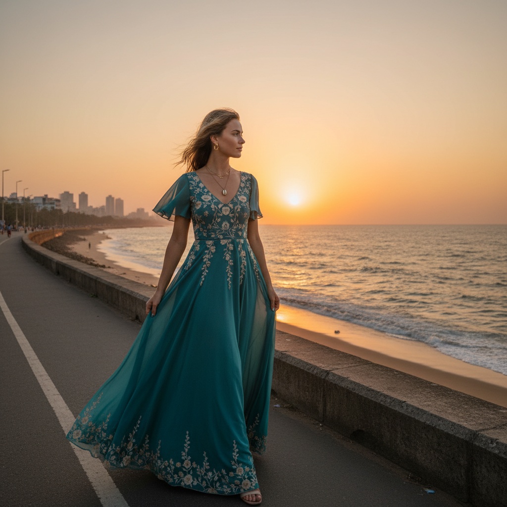 Jane, a 23-year-old white female, elegantly strolling along Marine Drive in Mumbai during the golden hour. She is dressed in a flowing, ankle-length chiffon georgette dress in oceanic teal, featuring delicate flutter sleeves and hand-embroidered floral motifs. Her sun-kissed face is framed by gently tousled hair, while minimalistic accessories enhance her youthful charm. The setting sun casts a warm glow, creating a harmonious balance between her figure and the vast beach and sea, encapsulating the essence of a free-spirited wanderer in a moment that feels timeless.