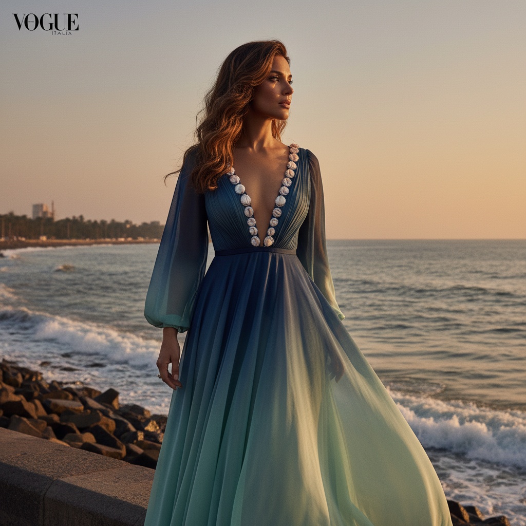 Sarah, a striking 34-year-old Middle Eastern woman, exudes modern elegance as she poses at Marine Drive, the iconic coastal boulevard. She is dressed in a flowing ombre chiffon gown transitioning from deep ocean blue to gentle seafoam green, capturing the essence of the seaside atmosphere. Her long beachy waves softly frame her face and the golden hour casts a warm glow, enhancing her striking features. The gown, featuring a plunging neckline and delicate seashell motifs, complements her poised silhouette, while the rhythmic waves in the background echo the gown's flowing fabric. With her gaze directed towards the horizon, she embodies a serene yet powerful connection to nature, making this a captivating visual narrative worthy of Vogue Italia. The composition adheres to the rule of thirds, showcasing the breathtaking backdrop of sea and sky with Rembrandt lighting adding depth to her complexion.