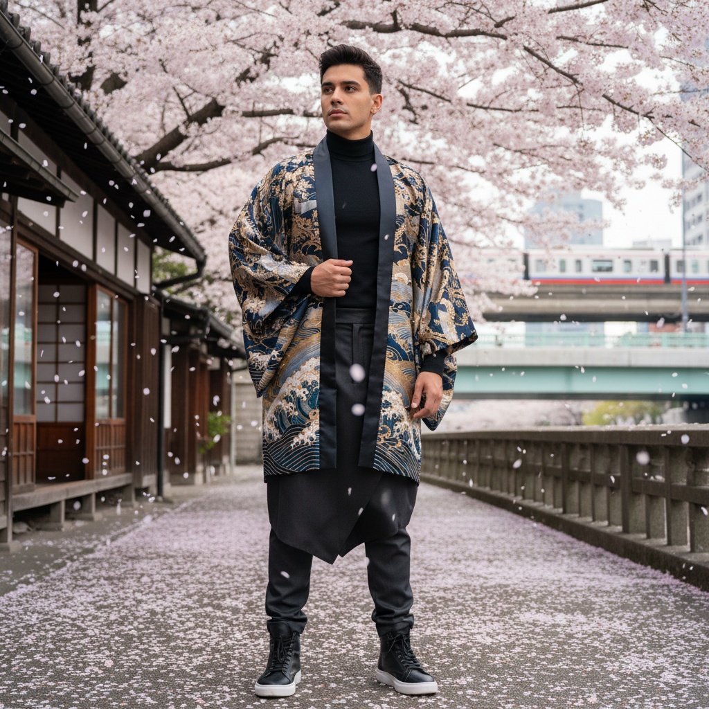 John, a striking 22-year-old Latin male model, embodies contemporary Japan. He wears an iridescent silk kimono-inspired jacket with Edo-era embroidery over a fitted black turtleneck. His asymmetrical trousers and high-top sneakers blend history and modernity. He stands amidst falling cherry blossoms, gazing contemplatively into the distance, reflecting on the intersection of past and future. Soft, diffused lighting highlights the textures of his outfit, capturing the poetry of Japanese aesthetics and the pulse of urban life.