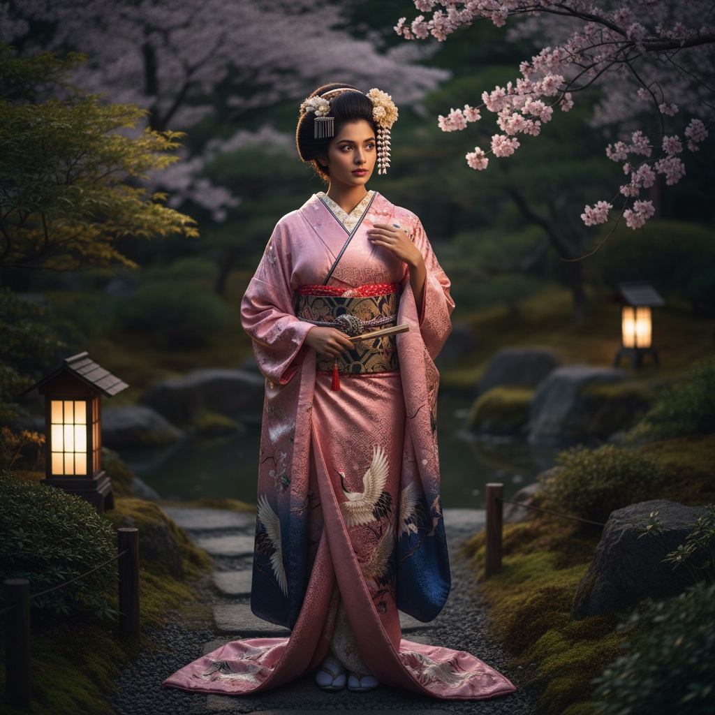 Olivia, a 29-year-old Indian woman embodying the grace of a modern geisha, stands in a tranquil Japanese garden at dusk. She is dressed in a mesmerizing kimono of iridescent silk in shades of cherry blossom pink and deep indigo, intricately embroidered with cranes in flight. Her elaborate updo is adorned with silk flowers in alabaster and gold. Holding a delicate folding fan in one hand, she caresses the silk fabric of her kimono with the other. Softly lit lanterns illuminate the lush greenery and blooming cherry trees around her, capturing serene elegance. The image utilizes Rembrandt lighting and a shallow depth of field to isolate her from the soft-focus background, projecting a soulful connection to tradition while embracing a contemporary aesthetic. The composition follows the golden ratio, evoking tranquil beauty and cultural homage, capturing the essence of a woman embracing her heritage with modern poise.