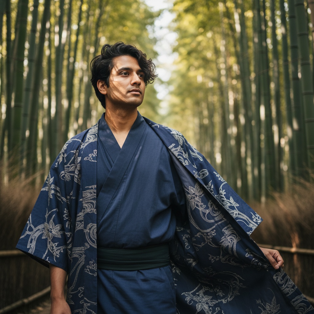 David, a 24-year-old Indian male, exuding serene elegance in Kyoto's Arashiyama Bamboo Grove. He wears a tailored indigo yukata and a hand-embroidered haori, subtly catching the gentle breeze. His loose, tousled hairstyle complements the bamboo's organic forms. Ambient light filters through the bamboo, creating a mystical interplay of shadows and highlights across his contemplative face. The composition embraces the rule of thirds, with soft-focus bamboo stalks in the background, reflecting cultural heritage and modern aesthetics. This artwork captures harmony, identity, and the timeless beauty of Japan, evoking a sense of nostalgia and modernity.