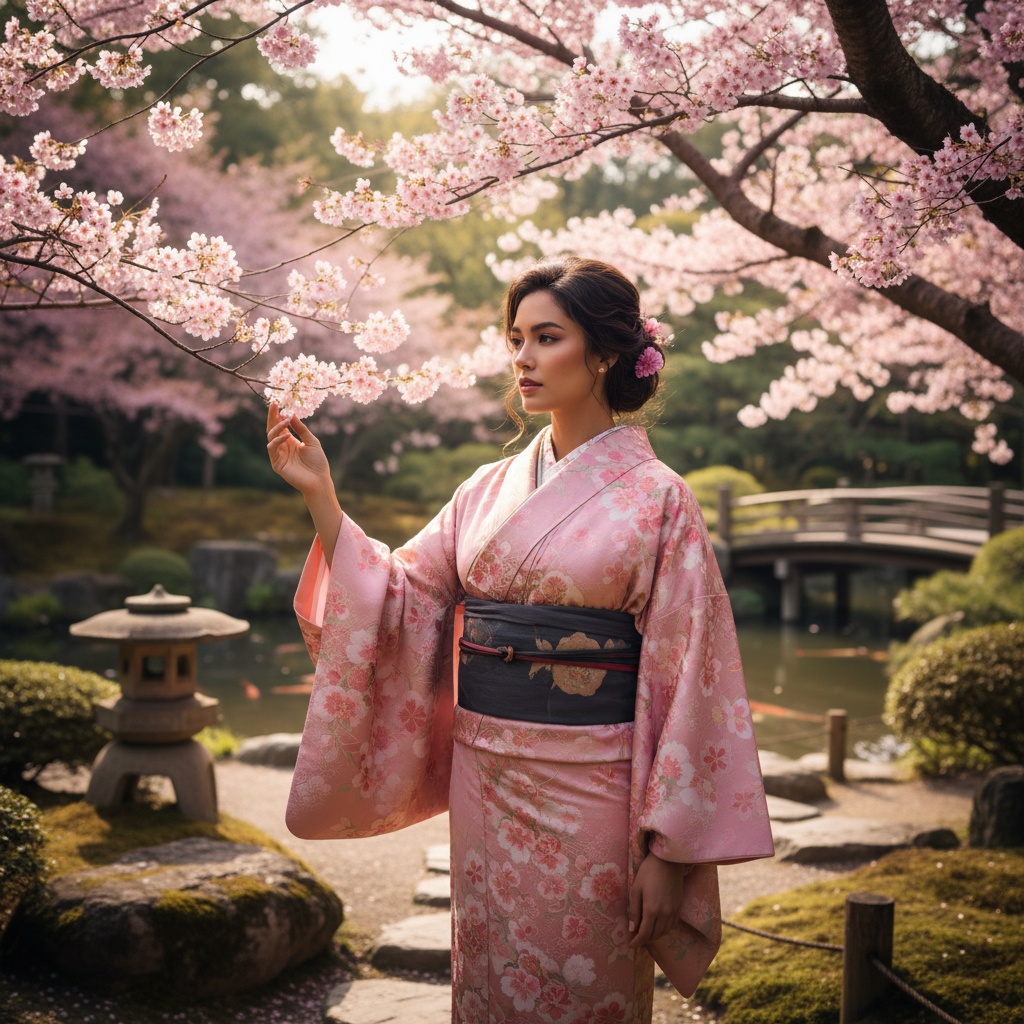 Sarah, a 30-year-old Latin female model embodying the elegance of Kyoto, is featured in a serene fashion editorial titled 'The Eternal Grace of Kyoto.' She wears a contemporary sakura pink kimono adorned with intricate cherry blossom motifs, cinched at the waist with a charcoal obi belt. Set in a picturesque Kyoto garden, surrounded by blooming cherry blossoms, she poses gracefully with one arm extended, gently brushing a branch, as sunlight filters through, creating a magical atmosphere. The image evokes peace and a connection to tradition, narrating a story that harmonizes modern fashion with cultural heritage.