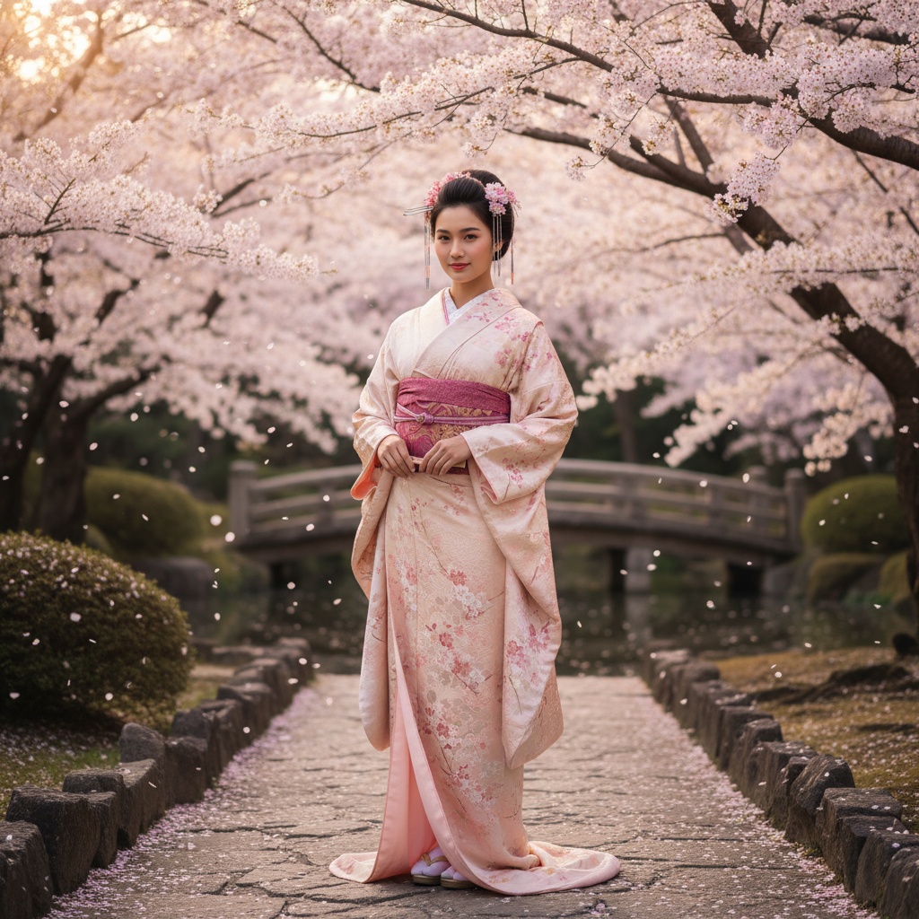 Sarah, a 22-year-old woman exuding the serene elegance of a modern-day geisha, in a picturesque Kyoto garden during cherry blossom season. She wears a hand-painted silk kimono in blush and ivory, adorned with cherry blossom motifs. The kimono's wide sleeves and hand-stitched obi cinch her waist gracefully. Her black hair is styled in a shimada updo, decorated with cherry blossoms and kanzashi pins. The background features sakura trees in full bloom, creating a dreamlike atmosphere as petals cascade around her. Soft, diffused golden hour lighting casts a romantic shimmer over her contemplative expression, blending fashion with cultural beauty.