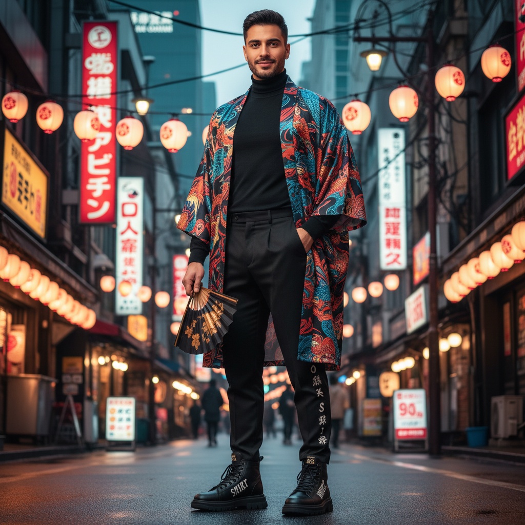 David, a striking 25-year-old Middle Eastern male figure, embodies the vibrant spirit of Osaka, Japan, captured in an urban setting that pulsates with energy. He wears a contemporary streetwear ensemble with an oversized, graphic-printed kimono jacket over a fitted black turtleneck, tailored trousers, and high-top sneakers adorned with intricate kanji symbols. In the backdrop, the eclectic architecture of Osaka's bustling streets with neon signs and soft lantern glow complements his confident stance, one hand in his pocket and the other holding a half-closed traditional fan. David's serene confidence, marked by glinting eyes and a knowing smile, reflects the dynamic contrasts of historical and modern elements, with soft lighting accentuating the textures of his outfit. This editorial shot captures the essence of urban Japan and Osaka's vibrant youth culture, celebrating a rich cultural heritage and contemporary fashion.