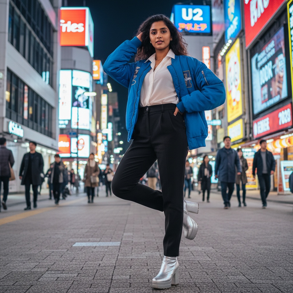 Jane, a 22-year-old Indian female, stands confidently in Osaka's bustling Dotonbori district against a vibrant backdrop of neon signage, embodying the dynamic energy of urban life in contemporary Japan. She wears a graphic oversized bomber jacket in electric blue layered over a sheer chiffon blouse, paired with high-waisted tailored trousers and platform ankle boots in shimmering silver. Her pose is playful yet assertive, one leg bent and one hand on her hip as she flips her hair back, with an inviting gaze directed at the camera. The blurred movement of passersby enhances the lively atmosphere of Osaka's nightlife, while high-contrast lighting emphasizes her outfit’s textures and the city's iridescent quality. The image reflects youthful rebellion and freedom of expression, capturing the spirit of a generation in a fast-paced metropolis. **Trigger Word**: Jane.