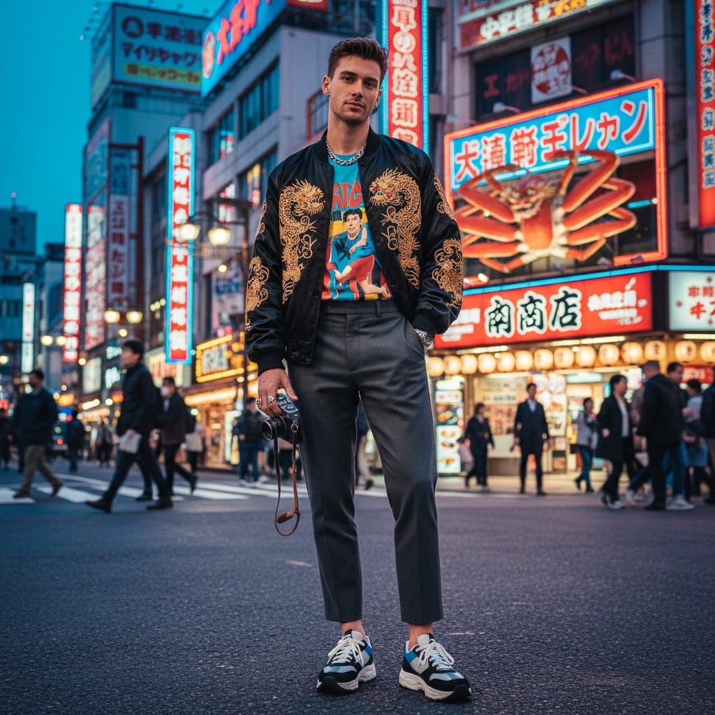 John, a 24-year-old white male model, embodies the vibrant spirit of Osaka in a bustling urban setting. Dressed in an oversized black bomber jacket with intricate embroidery, a vivid graphic tee, and sleek cropped charcoal trousers, he exudes contemporary energy. Accessorized with chunky silver jewelry and retro sneakers, he stands confidently with one hand in his pocket and the other holding a vintage camera. Neon lights illuminate the scene, creating rich contrasts that highlight his features against the energetic backdrop of Osaka, captured in a cinematic style.