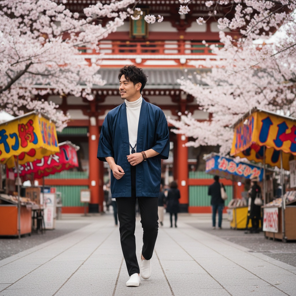 David, a young Asian male figure, aged 25, embodies the spirit of contemporary Tokyo while wandering through the vibrant streets of Asakusa. He stands in front of the iconic Senso-ji Temple, wearing a fitted deep indigo silk kimono jacket over a crisp white turtleneck and tailored black trousers. His tousled hair frames his face charmingly, accessorized with a leather bracelet and minimalist sneakers. The background is alive with the colors of street stalls and cherry blossom trees, capturing a harmonious blend of history and modernity. Mid-step with a slight smile, he gazes at his surroundings, bathed in soft, diffused lighting that enhances the warmth of the scene. The photograph creatively follows the rule of thirds, emphasizing the rich cultural tapestry of Asakusa, appealing to a contemporary audience while honoring its heritage.