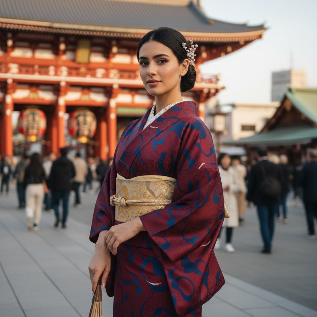 Emily, a striking 22-year-old Middle Eastern woman, poses in a contemporary kimono at Asakusa, Tokyo. The shimmering silk kimono has swirling ruby red and midnight blue patterns cinched with an intricately tied obi. Her sleek chignon is adorned with cherry blossom hairpins, enhancing her graceful neck. The iconic Senso-ji Temple provides a stunning backdrop, illuminated by the warm glow of golden hour light. With an expression of quiet confidence and mischief in her sparkling eyes, she holds an ornate folding fan beside her, embodying the essence of modern Tokyo, captured with a shallow depth of field to blur the vibrant street life behind her while highlighting her sophisticated presence. The photo merges tradition with modernity beautifully, reflecting the cultural narrative of contemporary Japan.