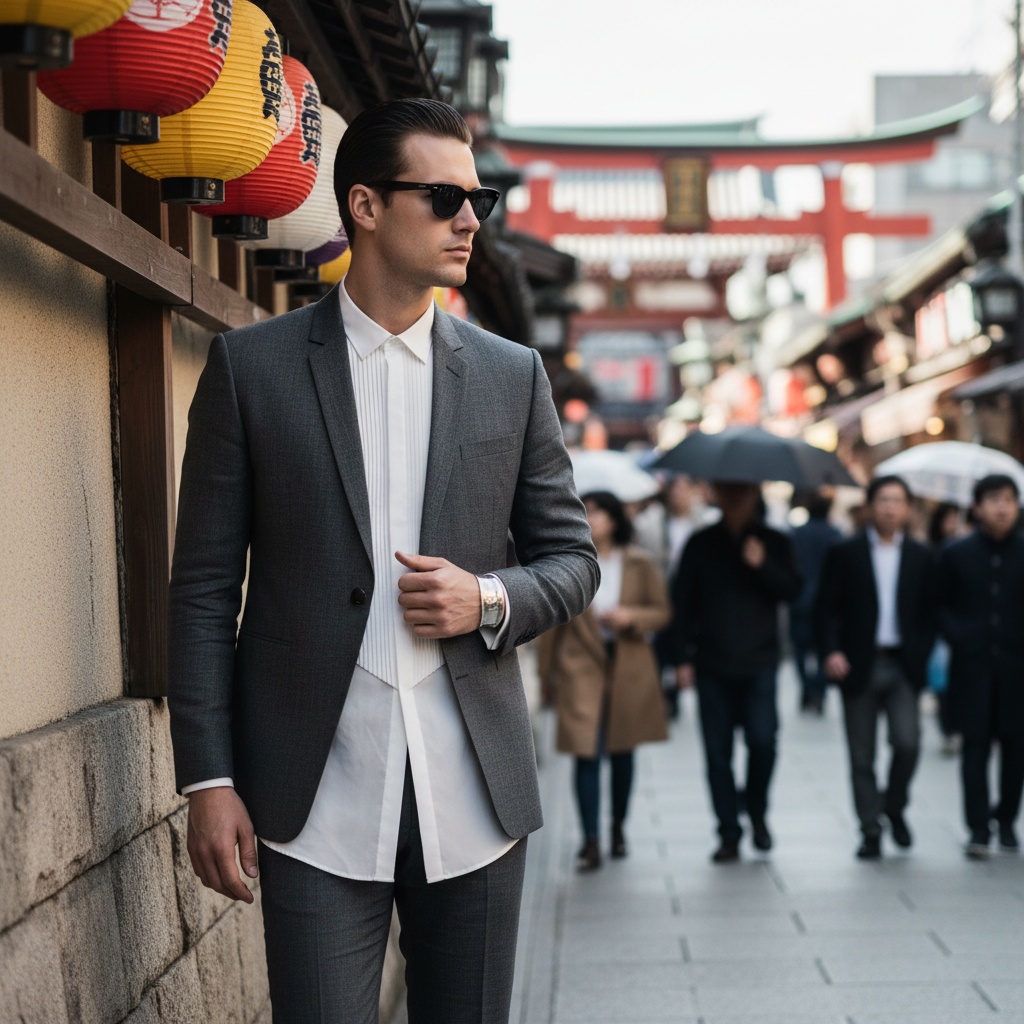 John, a 31-year-old white male, embodies modern Tokyo in a dynamic scene set against the historic streets of Asakusa. He wears a tailored, monochrome ensemble of textured charcoal linen, featuring an asymmetrical jacket and slim-fit trousers, complemented by a delicate white chiffon shirt with origami-like folds. Leaning casually against a rustic stone wall adorned with colorful lanterns, he displays urban charisma with slicked-back hair and minimal accessories—a silver cuff and angular sunglasses. Natural light filters through, casting soft shadows while blurred passersby add liveliness, capturing the intersection of tradition and modernity. This image reflects adventure and cultural exploration, ideal for high-fashion editorial purposes.