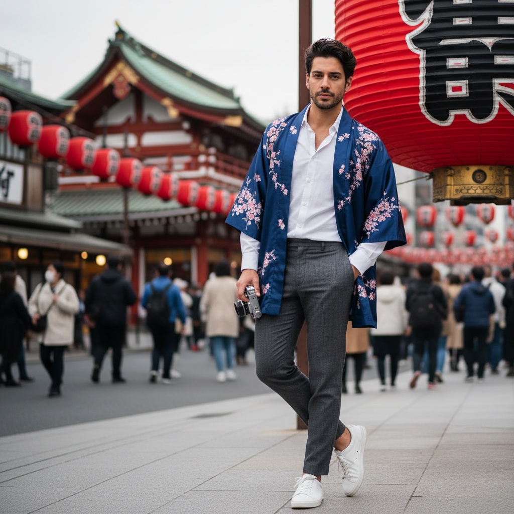 John, a 31-year-old male figure of Middle Eastern descent, stands confidently in the vibrant streets of Asakusa, Tokyo. He showcases a contemporary fusion of traditional Japanese aesthetics and modern streetwear, wearing a meticulously tailored indigo silk kimono jacket adorned with delicate cherry blossom embroidery. Underneath, he has a crisp white shirt and charcoal linen tapered trousers, striking a balance between historic and avant-garde styles. His tousled hair reflects the city's energy while minimalist leather sneakers anchor his look to the urban landscape. Leaning casually against a traditional red lantern, the softly diffused lighting creates an ethereal glow that highlights the intricate details of his attire, capturing the busy atmosphere of Asakusa's iconic temples in the background. One hand is tucked into his pocket while the other holds a vintage camera, symbolizing a blend of heritage and modernity, evoking a sense of adventure and discovery.