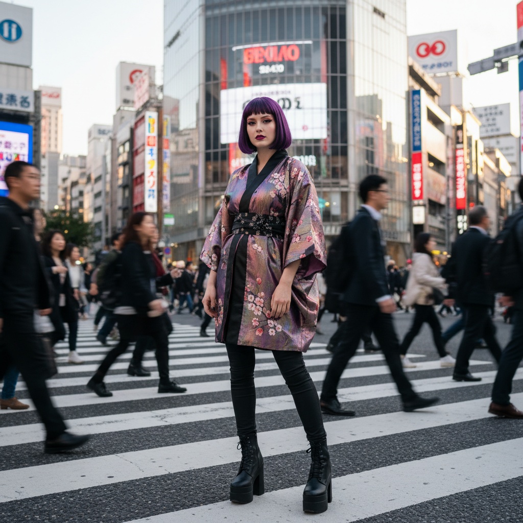 Emily, a captivating 30-year-old woman, stands at the bustling intersection of Shibuya, Tokyo, embodying the vibrant energy of urban culture. She wears an avant-garde, asymmetrical kimono-inspired jacket in iridescent silk, adorned with cherry blossom embroidery, paired with form-fitting black trousers and platform ankle boots. Her deep plum bob contrasts with her porcelain skin, and her makeup features bold berry lips. Surrounded by flickering neon signs and bathed in golden hour sunlight, she exudes a modern-day geisha vibe, encapsulating the fusion of tradition and contemporary aesthetics in Tokyo. Her confident gaze engages the camera, set within the electric atmosphere of the city.