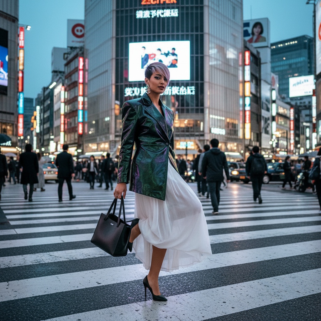 Jane, a captivating 28-year-old Arab woman, embodies the eclectic spirit of Tokyo’s vibrant street style as she confidently stands on a bustling Shibuya crosswalk. Surrounded by electric neon lights and towering skyscrapers, her avant-garde ensemble features a structured, asymmetrical jacket made of iridescent vinyl reflecting hues of emerald and amethyst, layered over a flowing, translucent georgette skirt that dances with the wind. Her bold pixie cut is highlighted with pastel pink and lavender streaks, perfectly framing her face. She sports graphic eye makeup and oversized statement earrings, with one leg playfully bent and a designer tote bag in hand. The photo captures the pulsating energy of Tokyo, with blurred figures in the background, showcasing the harmonious blend of tradition and modernity. This image celebrates individuality and self-expression in a city that never sleeps, invoking cultural convergence.
