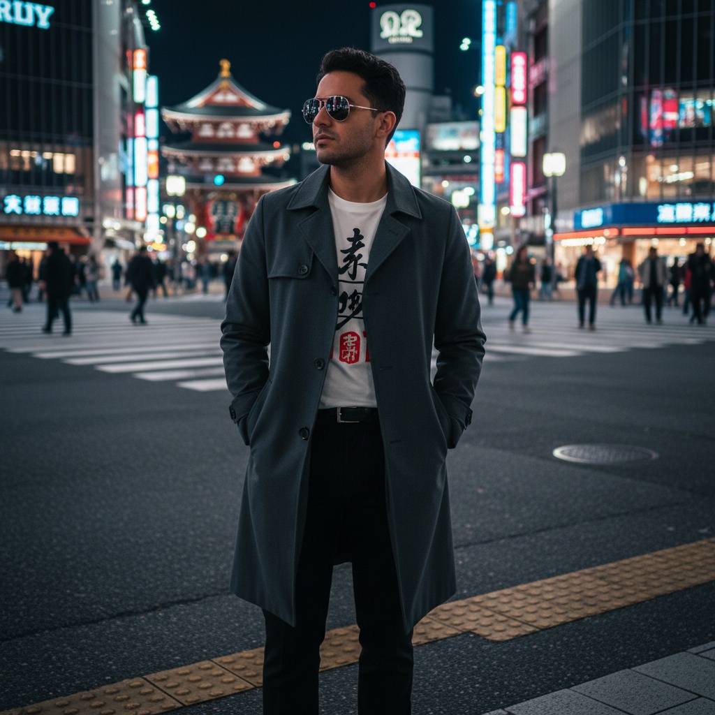 Michael, a striking 29-year-old Latin male figure exuding effortless cool as he navigates the vibrant streets of Tokyo. He is clad in a tailored charcoal trench coat over a crisp white graphic tee, with sleek black trousers and limited-edition leather sneakers. The scene captures him confidently standing in a bustling Shibuya intersection, with neon lights reflecting in his aviator sunglasses, highlighting the electric atmosphere of Tokyo nightlife. His body is angled slightly, hands in his pockets, as he gazes toward the horizon, showcasing a contemplative coolness. The dynamic chiaroscuro lighting illuminates his profile against the urban backdrop, embodying a fusion of tradition and innovation. The background subtly blurs the iconic scramble crossing to emphasize his sharp silhouette, creating a visual narrative that resonates with exploration and the allure of the city.