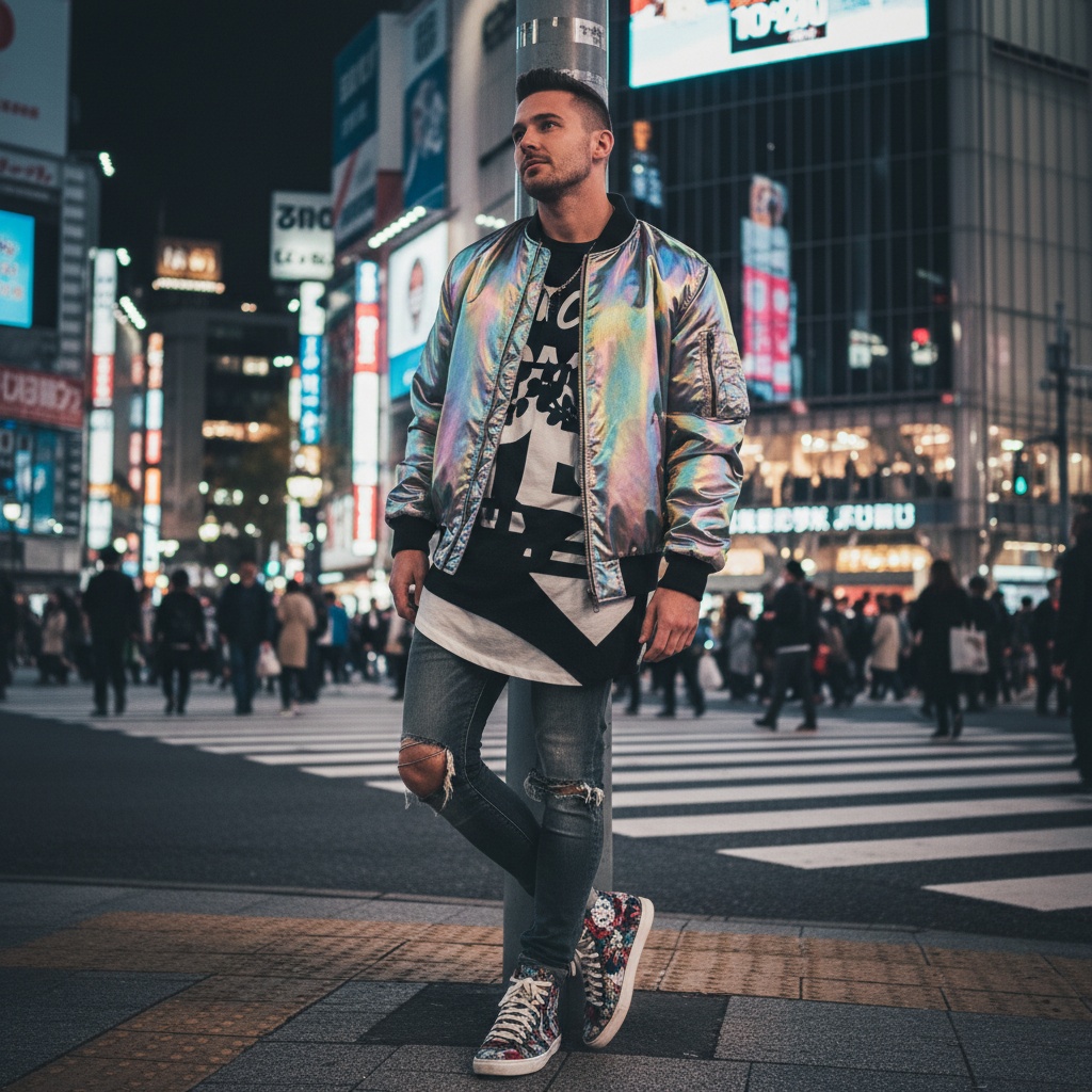 David, a 29-year-old Caucasian male, stands confidently at Shibuya Crossing, embodying the essence of modern street style. He wears an oversized, tailored bomber jacket made of iridescent satin that glimmers in the vibrant chaos of neon lights. Beneath, a graphic black-and-white tee with deconstructed elements complements his slim-fit distressed jeans and high-top sneakers with intricate embroidery. With a bold undercut hairstyle framing his striking features, his expression is playful yet contemplative. Leaning against a lamppost, one foot casually planted and the other toe pointed, he exudes relaxed confidence amidst the bustling crowd. The background is a kaleidoscope of billboards and flashing lights, creating a tantalizing depth of field, accentuated by chiaroscuro lighting that sculpts his features. This photograph profoundly captures the dynamic energy of urban youth culture in Tokyo, serving as a visual homage to the individuality and vibrancy of modern fashion.
