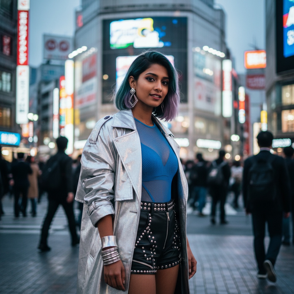 Emily, a 27-year-old Indian woman, navigates the vibrant chaos of Shibuya, Tokyo, embodying the edgy spirit of the city's fashion scene. She stands confidently amidst the dynamic backdrop of flashing billboards and bustling pedestrians, wearing an oversized asymmetric trench coat in reflective silver, layered over a fitted electric blue mesh bodysuit and punk-inspired leather shorts adorned with studs. Her futuristic bob hairstyle, dyed in ombre shades of teal and lavender, along with oversized geometric earrings and chunky bracelets, enhance her avant-garde look. The image captures her as the focal point against a soft bokeh lighting, highlighting the exhilarating energy of Tokyo's youth culture. The angle emphasizes her unique style in this modern love letter to street fashion.