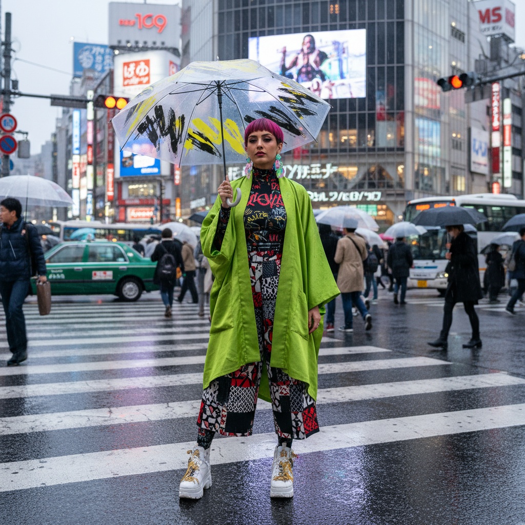 Jane, a striking 28-year-old Middle Eastern female figure, stands confidently at the bustling crossroads of Shibuya, Tokyo. She embodies the vibrant pulse of urban life, clad in an avant-garde ensemble that fuses traditional Japanese elements with contemporary streetwear. Her structured, asymmetrical kimono jacket in neon green silk layers over a fitted turtleneck adorned with urban graffiti. High-waisted, wide-leg culottes in contrasting geometric patterns cascade over chunky platform sneakers with intricate embroidery. Jane's bold magenta bob hairstyle and oversized iridescent earrings amplify her stylish look. Holding a transparent umbrella with bold prints, she is illuminated by the neon glow of the city lights, surrounded by the thrumming life of the Shibuya Scramble.
