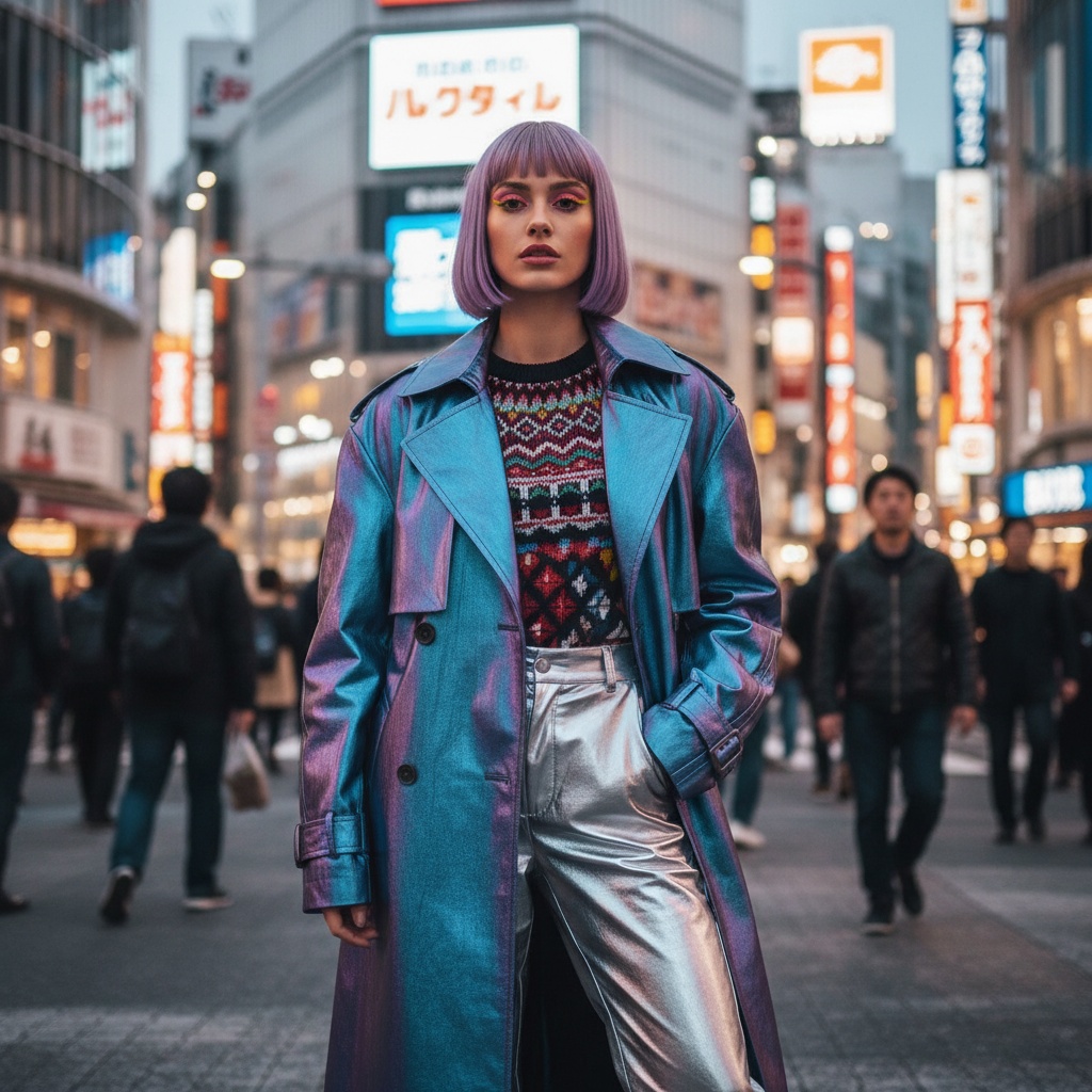 Olivia, a stunning 30-year-old woman embodying the vibrant spirit of Shibuya, Japan. She stands in the bustling streets, dressed in a striking oversized iridescent trench coat in electric blue and deep plum, featuring asymmetrical cuts and dramatic shoulder pads. Underneath, she wears a fitted graphic knit top with bold geometric patterns reminiscent of traditional Japanese textiles, paired with wide-leg vinyl trousers shining like liquid mercury. Her sleek, blunt bob is dyed lavender, and her colorful makeup, with neon eyeliner and glossy lips, echoes Shibuya's lively energy. The background is a blur of movement with passersby and iconic billboards, creating a visceral sense of place. Dynamic lighting highlights her figure, with warm city lights providing an ethereal glow, emphasizing the urban backdrop while celebrating her presence. The composition follows the rule of thirds, positioning her as the pulsating heart of this vibrant metropolitan scene, encapsulating the essence of youth and fashion in contemporary Tokyo.