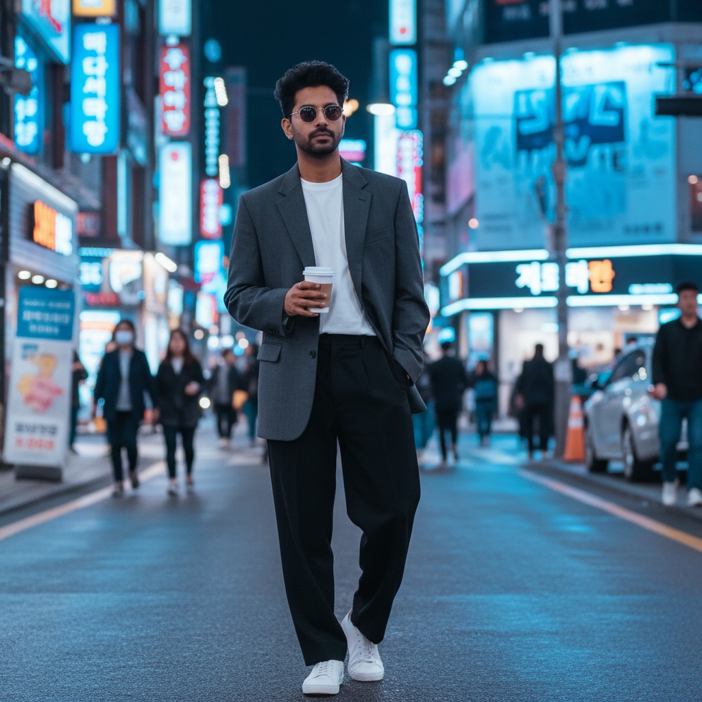 David, a 35-year-old Indian male exuding effortless cool, stands confidently at the vibrant streets of Busan, South Korea. He wears a tailored charcoal-grey oversized blazer over a crisp white tee, loose-fitting black trousers, and sleek white sneakers, embodying modern urban aesthetics. His tousled hair and round sunglasses hint at mystery as he holds a cup of street vendor coffee. The ambient glow of neon signage bathes the scene in electric blue and pink hues, capturing the dynamic energy of the city while focusing on David with a shallow depth of field. This photo radiates a cinematic allure, reflecting the excitement of Busan's nightlife.