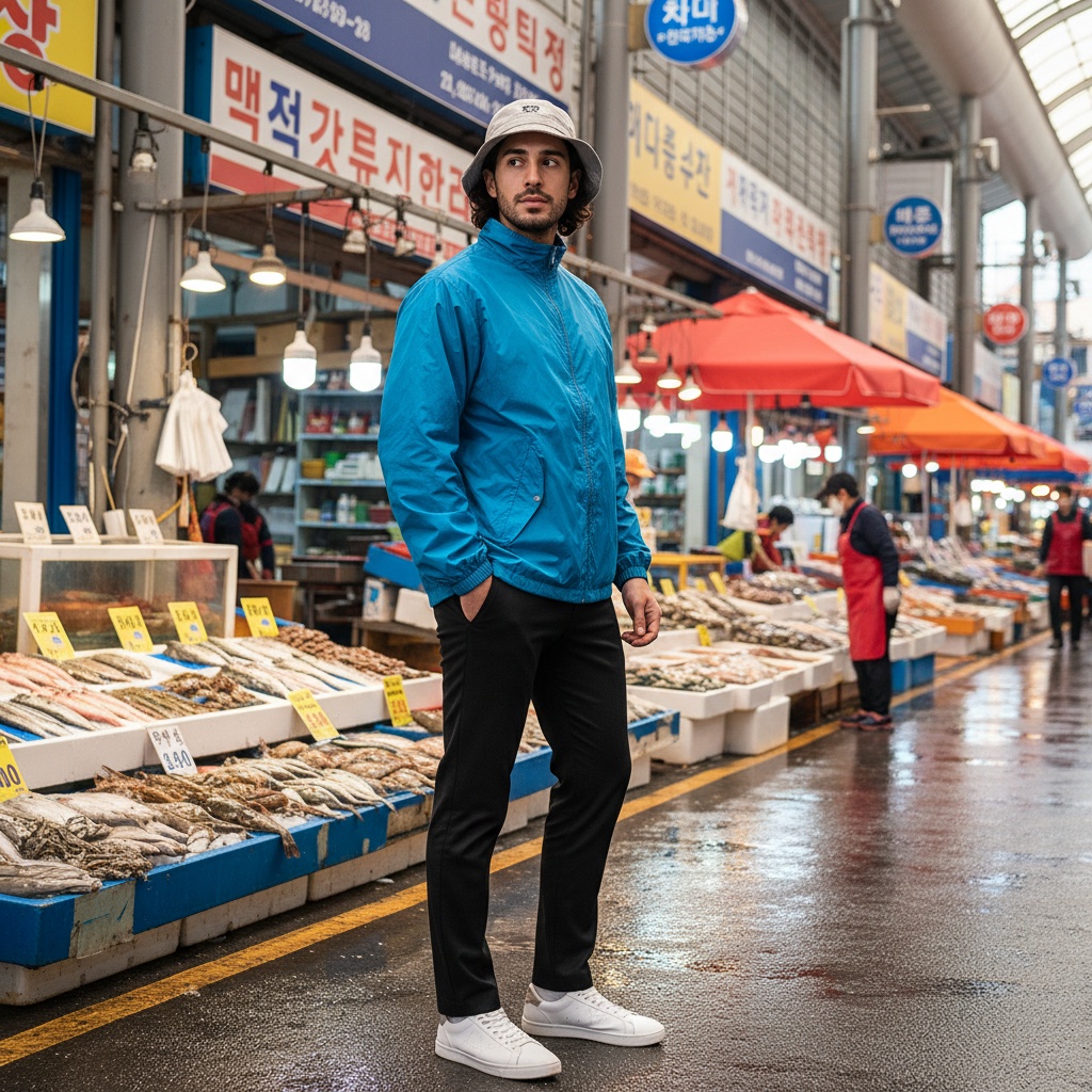 Michael, a 25-year-old Middle Eastern male embodying modern urban style, stands confidently at the vibrant Busan Jagalchi Fish Market. He wears a lightweight, oversized ocean blue crinkled nylon jacket paired with tailored black trousers that taper at the ankle, complemented by sleek white sneakers. Tousled hair peeks from under a stylish bucket hat, his expression radiating curiosity and confidence. The background is a kaleidoscope of bright seafood displays and vivid market architecture, illuminated by dynamic natural light that highlights both his features and the lively stalls, embodying the cultural richness of 21st-century South Korea.