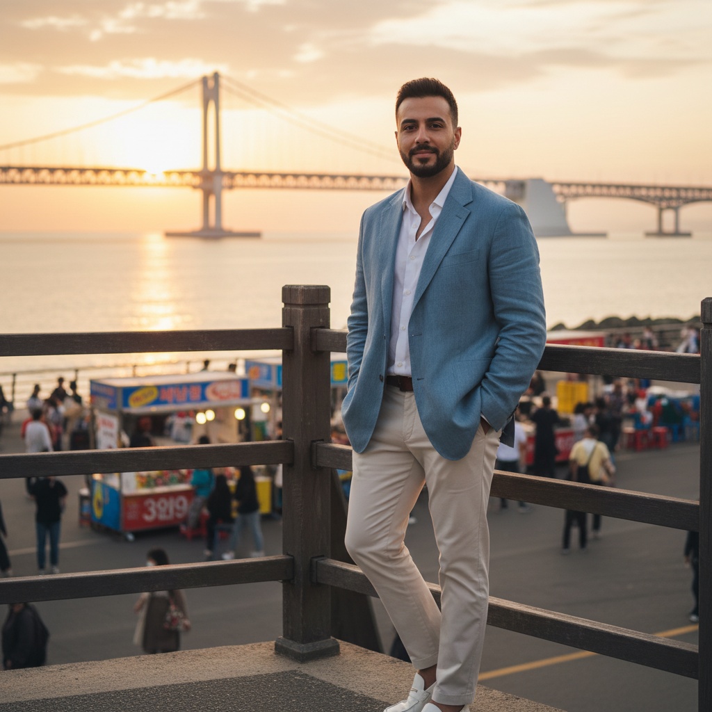 Michael, a 24-year-old Middle Eastern male figure stands at the vibrant Busan seaside, embodying the contemporary spirit of coastal urban life. Dressed in a tailored, oversized light blue linen blazer over a crisp white shirt, with rolled sleeves, and tapered cream trousers leading to sleek white loafers, he exudes effortless sophistication. The scene captures the bustling energy of Busan, colorful street markets, and the silhouette of Gwangan Bridge bathed in the warm glow of the setting sun. Leaning against a weathered wooden railing, hands in pockets, he projects relaxed confidence. Natural light highlights his features against a subtly blurred background, evoking a sense of youthful adventure and exploration. Michael