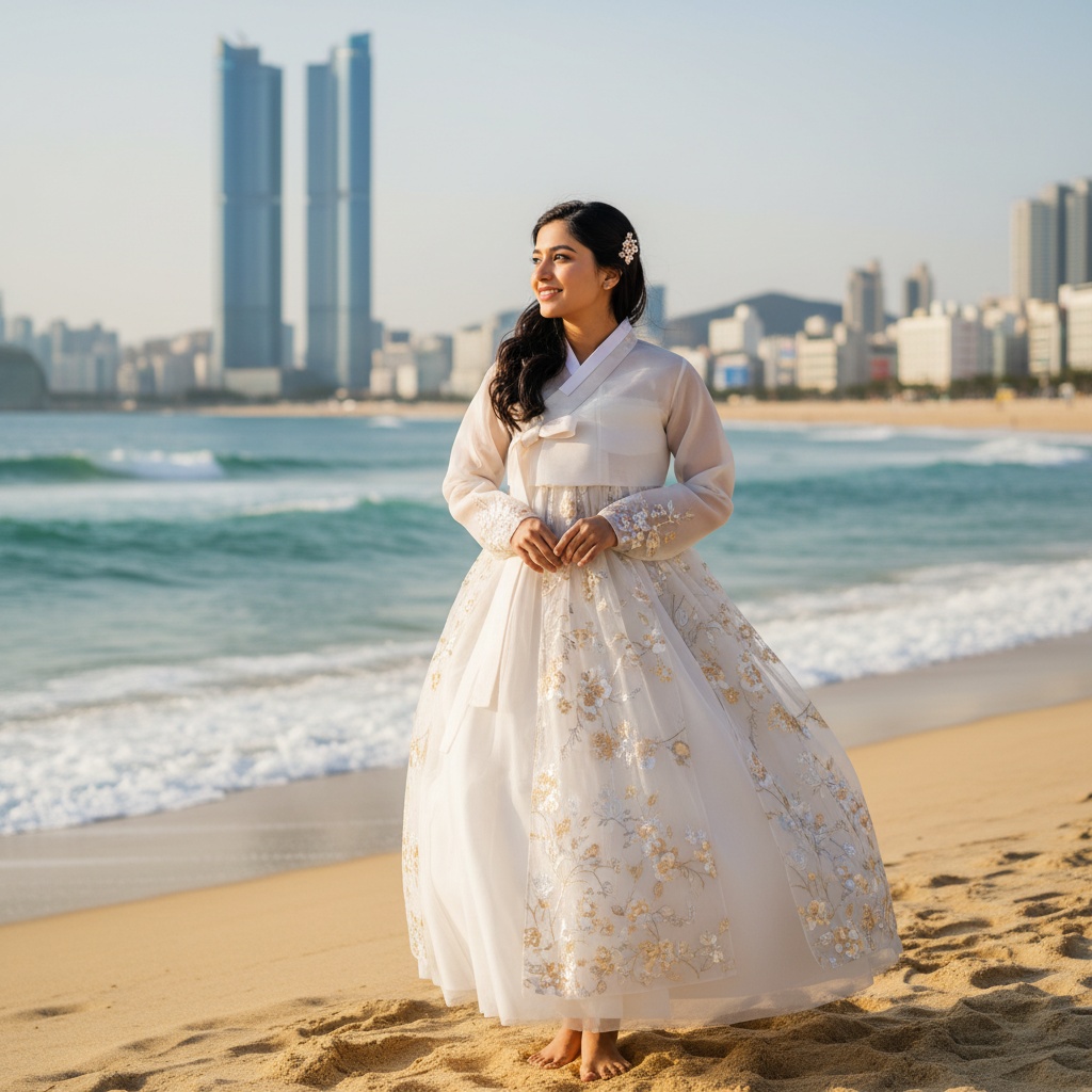 Sarah, a striking 27-year-old Indian woman embodying the vibrant spirit of Busan, South Korea, stands at Haeundae Beach with golden sand and turquoise waves behind her. She is dressed in a flowy, pastel-hued hanbok made of luxurious silk chiffon, with intricate embroidery glimmering in the afternoon light. Her hair is styled in a half-up, half-down do, adorned with delicate pearl clips. Gaze wistfully toward the horizon, her expression radiates contemplation and joy under a warm glow. The bustling skyline of Busan anchors the background, creating a serene beauty that evokes cultural pride and introspection. The composition follows the rule of thirds with soft, diffused lighting enhancing her captivating presence, making it an image that resonates deeply.