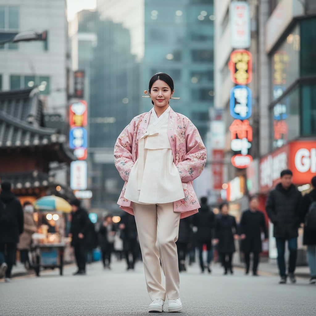 Emily, a 26-year-old woman, stands confidently at the center of a bustling urban landscape in Seoul, embodying the vibrant spirit of contemporary South Korean fashion. She wears a striking ensemble featuring a hand-embroidered silk hanbok with an oversized pastel pink jacket adorned with intricate floral motifs, complemented by tailored high-waisted cream trousers. Her sleek bun, decorated with delicate golden hairpins, along with her youthful makeup featuring cherry blossom pink lips, adds to her modern elegance. The lively Seoul street serves as a backdrop, with blurred neon signs and traditional architecture enhancing the scene, captured in soft diffused lighting to highlight her features beautifully. The composition follows the golden ratio, creating a dynamic and culturally rich portrayal.
