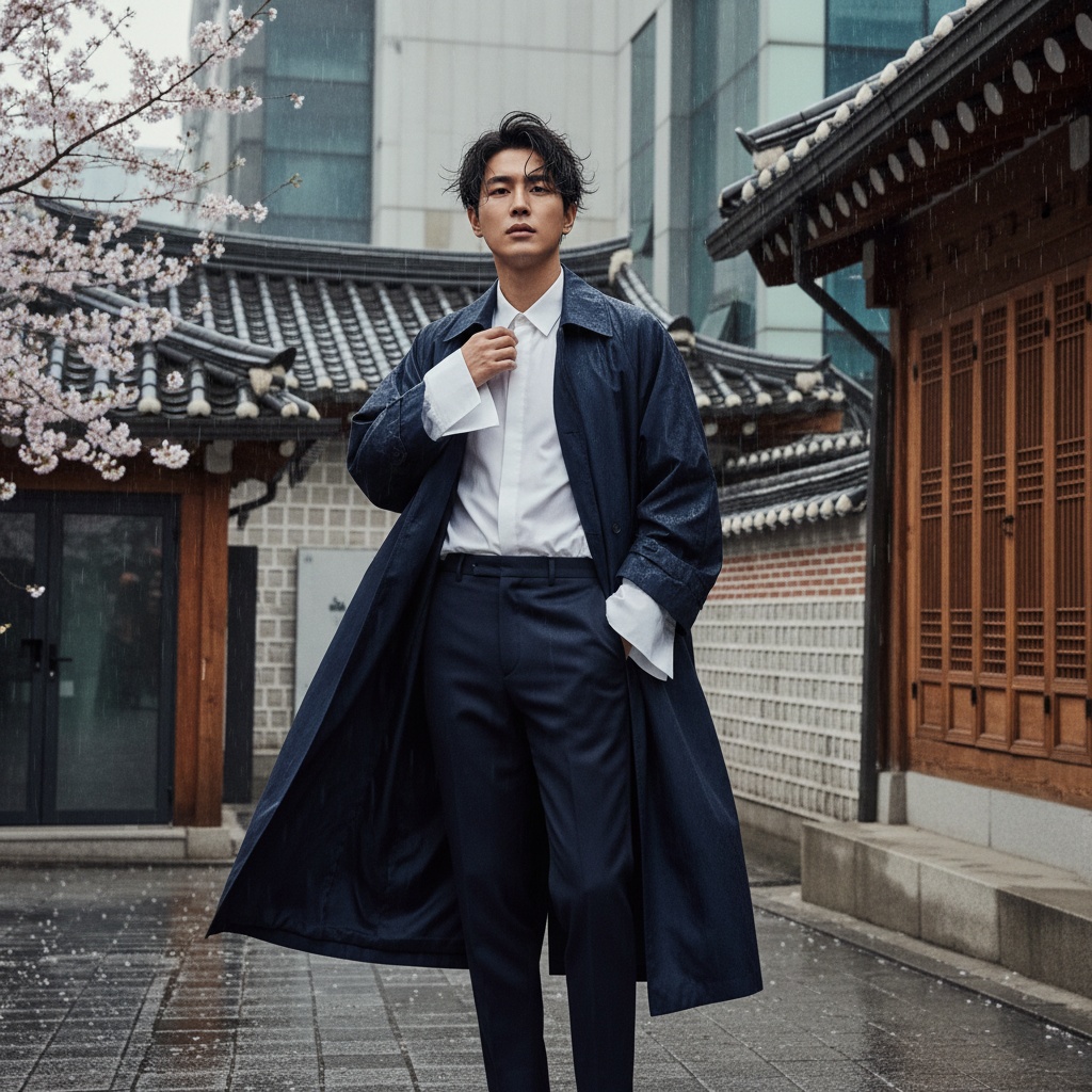 James, a striking 32-year-old male model, embodies the avant-garde spirit of contemporary South Korean fashion. He wears an oversized navy trench coat made of lightweight silk over a crisp white shirt with exaggerated cuffs, tailored trousers tapering at the ankles, styled with tousled black hair featuring subtle silver highlights. The backdrop of urban architecture juxtaposes traditional Korean elements with modern minimalism, with hints of cherry blossoms. The moody lighting reflects the atmosphere of a rainy day in Gangnam, enhancing the model's presence through calculated shadows and highlights. His relaxed yet dynamic pose adds to the image's emotional narrative, showcasing confidence and style, set in South Korea. The composition emphasizes an aesthetic that is both culturally rich and rooted in the fashion landscape. The trigger word is passionately woven throughout the essence of this image.