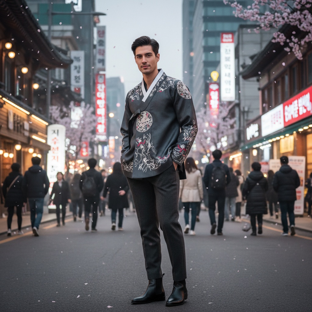 Michael, a striking 29-year-old Latin male, embodies the essence of modern Seoul against a bustling street backdrop filled with neon lights and traditional architecture. Dressed in a charcoal-gray hanbok jacket with intricate embroidery that fuses classic aesthetics with avant-garde style, he pairs it with tapered charcoal wool trousers. His relaxed posture features one hand in his pocket and a slight smirk, suggesting charm and confidence. Cherry blossoms flutter in the background, enhancing the scene's vibrancy, all captured with soft, diffused lighting and a shallow depth of field to highlight him amidst the lively environment. This image encapsulates the intersection of modernity and tradition in contemporary South Korean fashion. Michael's look resonates with the cultural renaissance unfolding in South Korea.