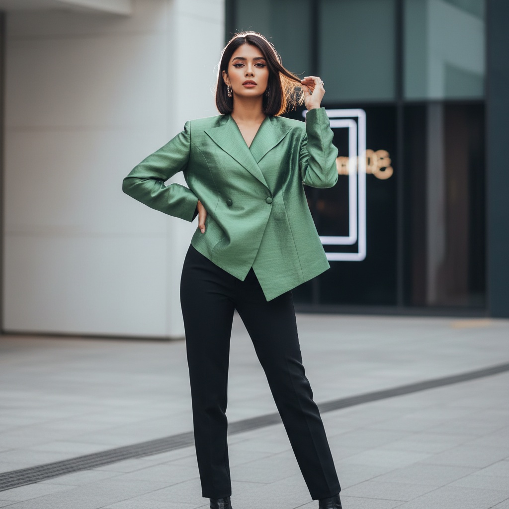 Olivia, a 29-year-old Indian female model, embodies the chic sophistication of contemporary South Korean fashion, poised against a sleek, minimalist urban backdrop reminiscent of Seoul's vibrant cityscape. She wears a structured, asymmetrical jacket made from shimmering jade green silk organza, high-waisted tailored trousers elongating her silhouette. Her sleek bob hairstyle, fresh dewy makeup with bold eyeliner and soft coral lips, and strategically placed lighting create a soft halo effect around her. One hand rests on her hip while the other brushes her hair away, suggesting grace and defiance. The composition follows the golden ratio, emphasizing her confident stance and the narrative of empowerment and individuality in a modern Korean fashion context.