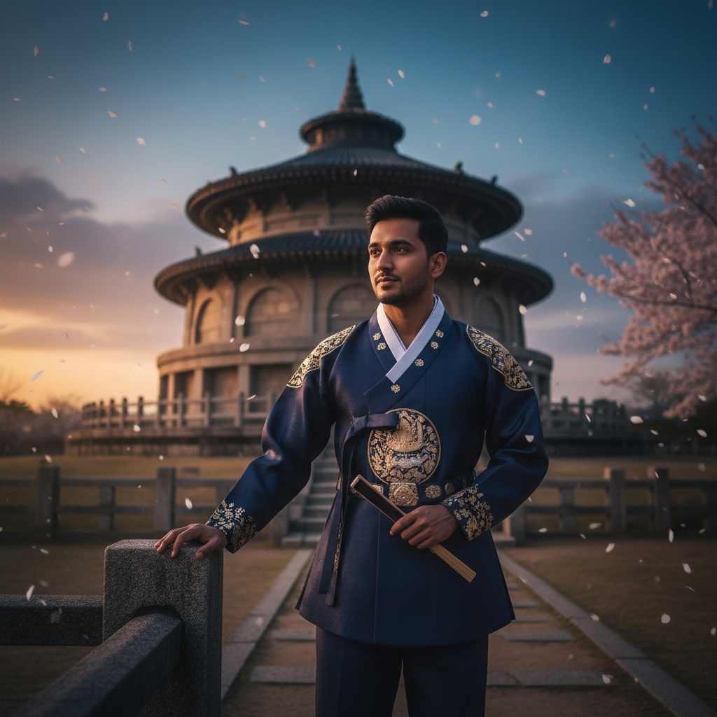 David, a 29-year-old Indian male figure, stands proudly amid the ancient beauty of Gyeongju, South Korea. He is dressed in a modern, tailored hanbok—deep indigo jeogori with subtle gold embroidery reminiscent of the Silla dynasty. The iconic Cheomseongdae Observatory looms in the background against a twilight sky, casting a dramatic silhouette. Cherry blossom petals drift through the air, enhancing the ethereal atmosphere. David's pose is poised yet relaxed, one hand resting on a weathered stone and the other holding a traditional fan. His expression is contemplative, capturing a moment of inspiration. Expertly lit with a golden hour glow that enriches the scene, this image is not just of a man but an ode to Gyeongju's enduring legacy and the modern interpretation of tradition.