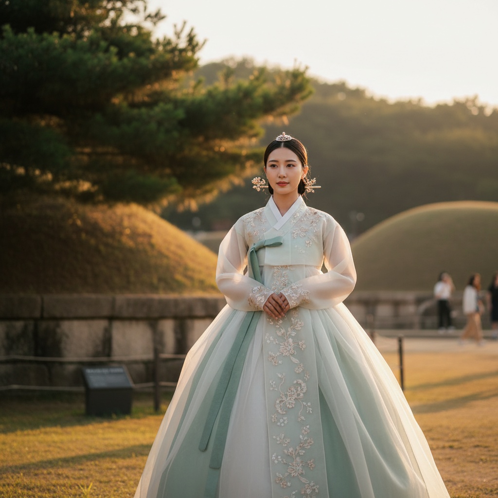 Jane, a captivating 29-year-old Arab woman, stands gracefully among the ancient relics of the Silla Dynasty in Gyeongju, South Korea. She is draped in a contemporary interpretation of a traditional hanbok, featuring delicate layers of celadon silk and tulle illusion that merge modern aesthetics with historical essence. The gown's soft jade and ivory shades, adorned with intricate hanbok-inspired embroidery, highlight her poise against the backdrop of Tumuli Park's ancient royal tombs, shrouded in lush greenery. The golden hour bathes her in warm light, capturing her elegant bun decorated with hairpins and a tranquil expression. The composition follows the golden ratio, creating a visual dialogue between past and present, and the soft lighting enhances the ethereal atmosphere, celebrating the essence of Gyeongju—history, femininity, and cultural pride.