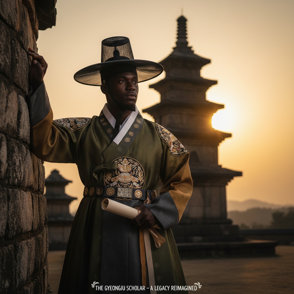 Michael, a 29-year-old Black male figure, exuding the timeless elegance of a traditional scholar from the Goryeo Dynasty, stands poised against the striking backdrop of Gyeongju’s ancient stone pagodas at sunset. He wears a modern reinterpretation of a hanbok in muted earth tones, with a tailored jeogori featuring intricate embroidered motifs symbolizing harmony and wisdom. One hand gently rests on the stone wall while the other holds a small scroll, portraying knowledge and tradition. The warm glow of the setting sun highlights the historical architecture, creating a chiaroscuro effect on his contemplative expression. The composition follows the rule of thirds, focusing on the interplay between Michael and the majestic pagoda behind him, enhancing the poetic solitude of the moment. This editorial encapsulates a rich cultural narrative while inviting exploration of history and heritage.