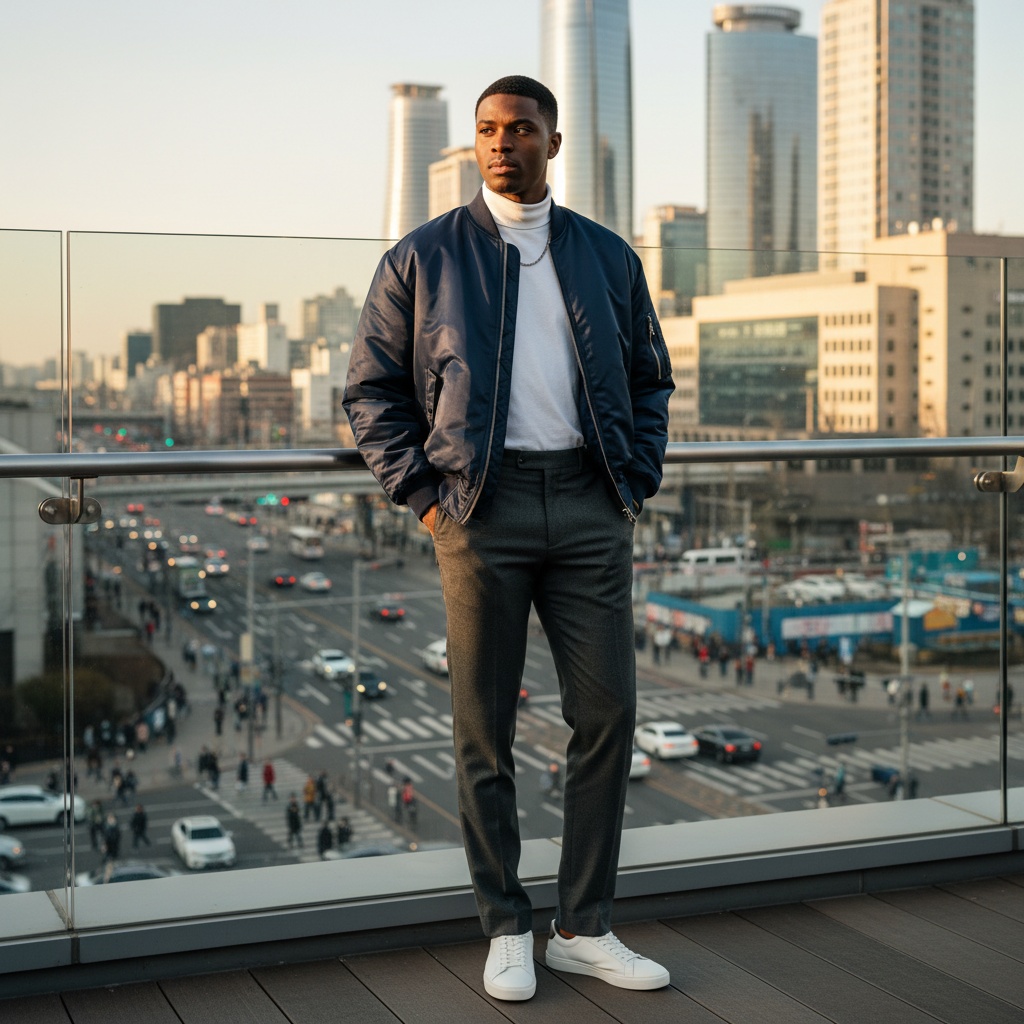 John, a 22-year-old black male model, stands poised in the vibrant heart of Incheon, South Korea. He wears a sleek oversized navy bomber jacket made of water-resistant mikado silk over a crisp white cotton turtleneck, radiating a contemporary urban aesthetic. His tailored charcoal trousers accentuate his athletic build, complemented by minimalist white leather sneakers. A fine silver chain adds a touch of polished flair as he stands against a backdrop of Incheon’s dynamic skyline, illuminated by the warm golden hues of the late afternoon sun. His relaxed yet confident posture, with one hand in his pocket and the other resting on a steel railing, captures a moment of introspection in the bustling city life, embodying urban sophistication and cultural vitality.
