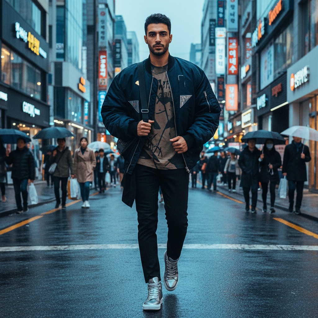 John, a 22-year-old Middle Eastern male model, stands confidently on the vibrant streets of Incheon, South Korea. He's wearing a striking oversized, asymmetrical bomber jacket in rich midnight blue, embellished with reflective accents that catch the ambient city lights. Underneath, he sports a fitted graphic tee that subtly highlights avant-garde street art, paired with slim-fit trousers and high-top sneakers featuring metallic detailing. The bustling street is alive with neon signs in Hangul, illuminating the scene and reflecting off modern architecture as John strikes a dynamic pose, mid-stride, embodying contemporary urban fashion and a youthful rebellion amidst the cultural fusion of Incheon. His strong jawline and expressive eyes are accentuated by the interplay of natural and artificial lighting, creating dramatic shadows and embodying the energetic spirit of the city. The composition reflects the essence of a new generation intertwined with the pulse of streetwear culture, captured perfectly in this vibrant setting.
