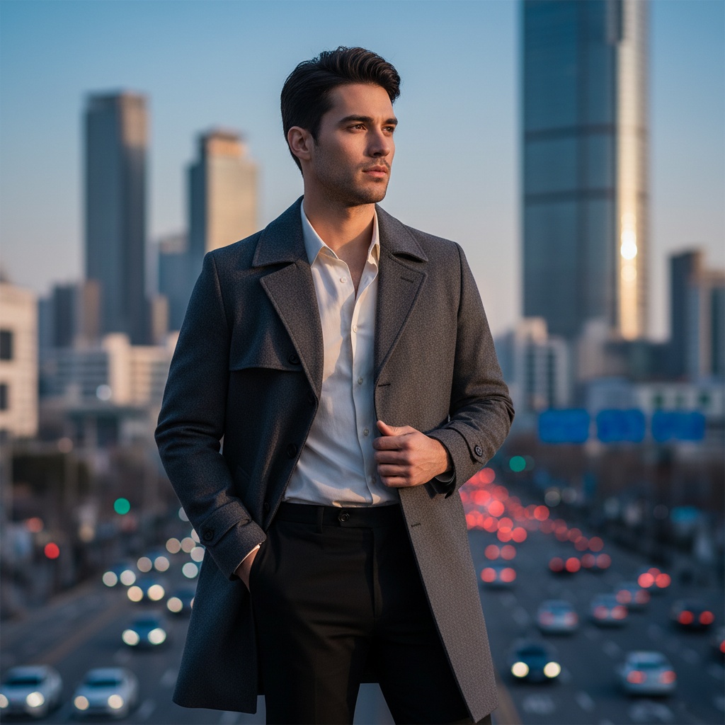 Michael, a 25-year-old Latin male model, embodies urban sophistication against Incheon’s dynamic skyline. He is styled in a tailored charcoal-grey trench coat made from luxurious merino wool, with an ivory shirt and black slim-fit trousers. Standing confidently on a bustling city street, one hand in his pocket and the other touching his coat's collar, he gazes into the horizon, highlighting his strong features. Dramatic lighting enhances his jawline, while the blurred city background creates a vivid urban atmosphere, showcasing modern youth culture. The image resonates with a sense of exploration and individuality, perfectly capturing Incheon’s stylish pulse.