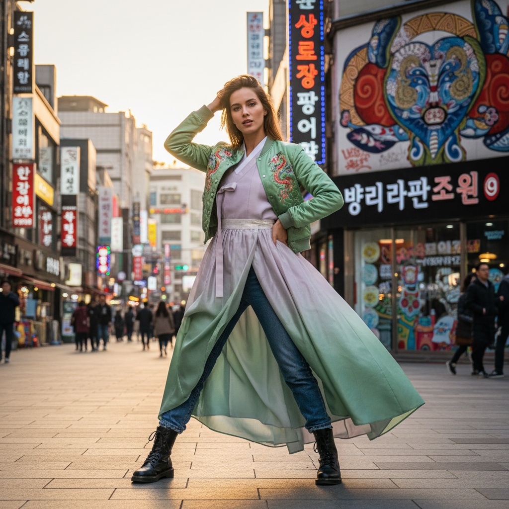 Sarah, a captivating 28-year-old white female figure, embodies the vibrant energy of Incheon, South Korea. She navigates the bustling streets dressed in a modern fusion of traditional hanbok and contemporary street style, featuring elegant silk in jade and lavender, paired with tailored denim. The flowing skirt billows around her while a fitted bomber jacket adds an edge. Iconic Incheon landmarks, dynamic street art, and neon signs create a lively backdrop. Her confident pose, with one hand tousling her hair and the other on her hip, reflects cultural pride and urban chic. Golden hour lighting enhances her radiant skin and outfit textures, capturing the kinetic vibrancy of city life. The composition celebrates a modern muse intertwined with her cultural heritage.