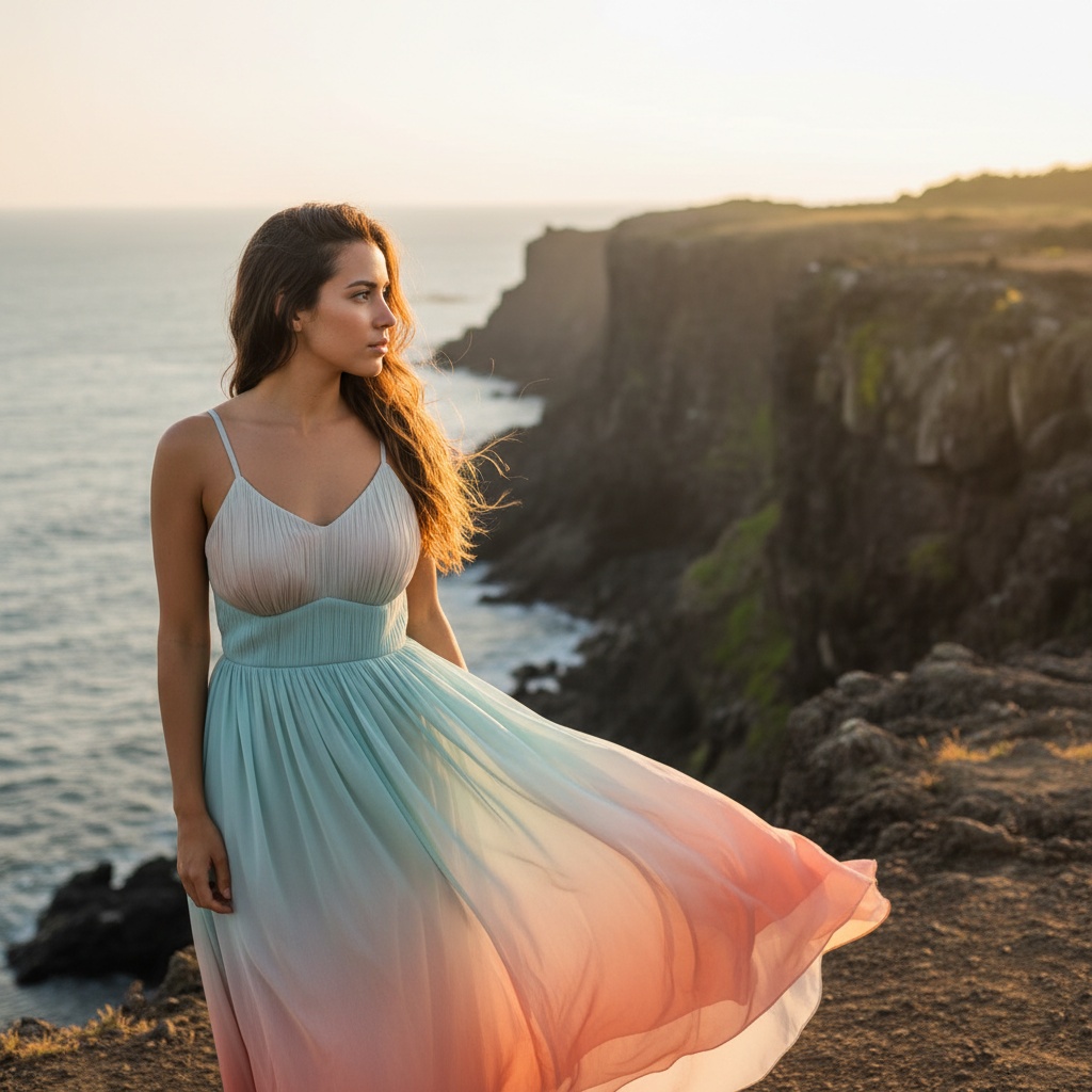 Emily, a 24-year-old Latina woman with an ethereal charm, stands gracefully on the windswept cliffs of Jeju Island at sunset. She is adorned in a flowing chiffon georgette sundress featuring a delicate ombre of ocean hues, from muted aquamarine to sunset coral, perfectly cinched at the waist with hand-pleated bodice detailing. The warm golden glow of the setting sun creates a halo effect around her figure while the soft breeze tousles her long, wavy hair. Gazing thoughtfully into the horizon, she embodies introspection and wanderlust. The composition adheres to the rule of thirds, framing her against the vast ocean and rocky cliffs, with a shallow depth of field creating a dreamy watercolor effect in the background, capturing a longing for adventure and the serene beauty of nature.