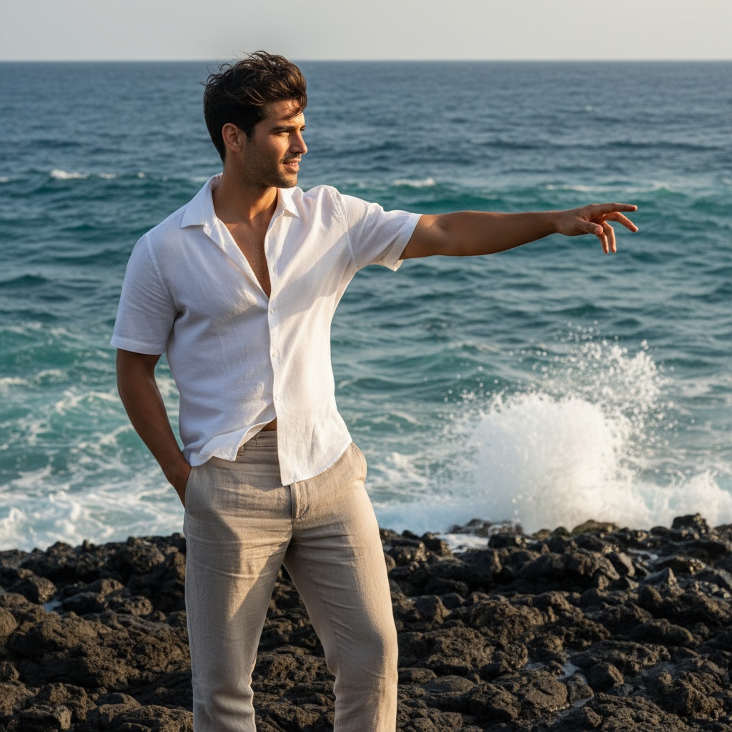 James, a striking 28-year-old Arab male model, stands on the rocky coastline of Jeju Island, embodying a relaxed yet adventurous spirit. Clad in lightweight, tailored linen trousers in soft taupe and a crisp white, short-sleeved shirt that billows in the breeze, he exudes rugged appeal with a hint of sun-kissed skin at his collar. His tousled hair and laid-back demeanor reflect the island's natural elegance, framed by crashing ocean waves against volcanic rocks. Sunlight casts a warm glow, enhancing the vivid blues of the sea and lush greens of the landscape. With one hand in his pocket and the other gesturing towards the horizon, he symbolizes a connection with nature, capturing a mood of exploration and tranquility. The composition uses the rule of thirds, highlighting his confident stance against the breathtaking backdrop of Jeju Island.
