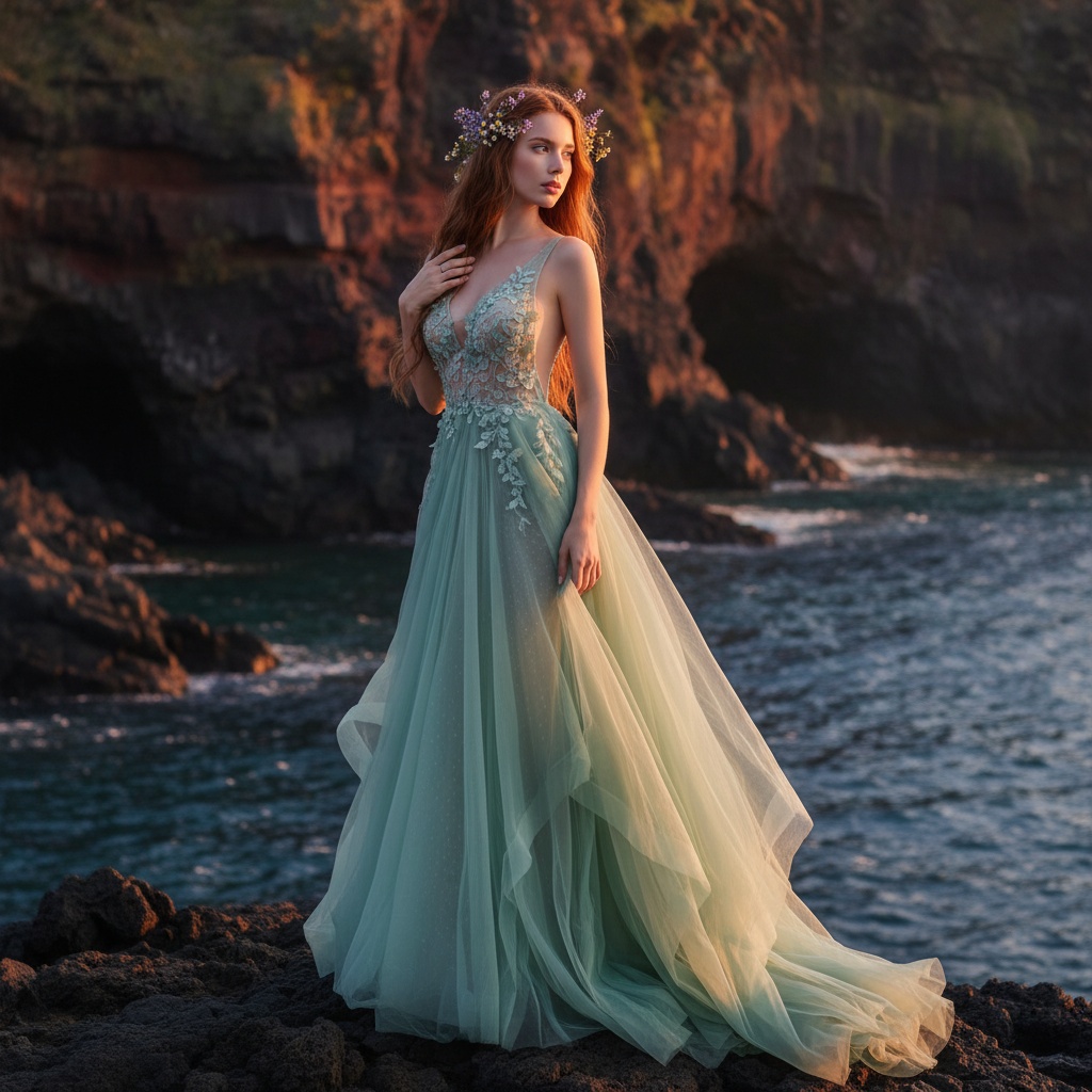 Olivia, a 30-year-old female model, embodies the ethereal beauty of Jeju Island, styled as a modern-day mermaid in a flowing, seafoam green chiffon gown that drifts like ocean waves. The gown features delicate lace detailing and a plunging back, perfectly accentuating her graceful silhouette. The backdrop showcases Jeju's iconic volcanic cliffs with a golden sunset casting a magical glow on her porcelain skin. Her hair flows in loose waves interwoven with lavender and white wildflowers, while she gazes thoughtfully into the distance, one hand brushing the gown's fabric, conveying freedom and connection to nature. The scene radiates peace and wanderlust, capturing the enchanting allure of Jeju Island.
