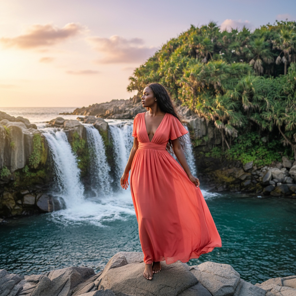 Olivia, a 24-year-old black woman epitomizing the carefree spirit of summer on Jeju Island, stands barefoot on a smooth rock against a stunning backdrop of cascading waterfalls and lush greenery. She's adorned in a flowing, lightweight coral maxi dress made from chiffon georgette, with delicate flutter sleeves swaying in the ocean breeze. The plunging neckline and empire waist accentuate her figure. Her sun-kissed skin glows under golden hour lighting, creating a soft halo effect. With her long, wavy hair cascading down her back, she gazes thoughtfully towards the horizon, inviting viewers to feel the tranquility and beauty of the island.