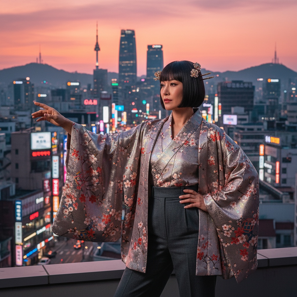Emily, a striking cosmopolitan figure in her 30s, embodies the avant-garde spirit of modern Seoul against its urban skyline at twilight. She wears an oversized kimono jacket in iridescent silk adorned with vivid cherry blossom motifs and geometric patterns, paired with tailored high-waisted charcoal wool trousers. Her sleek bob hairstyle is accented with ornate hairpins reflecting traditional Korean crafts. The confident pose, with one arm gracefully extending and the other resting on her hip, showcases her fearless sophistication. The backdrop features Seoul's iconic architecture and neon signage, illuminated in warm tones, creating a chiaroscuro effect that highlights her features while casting intriguing shadows that reflect the city's vibrant energy. This image captures the essence of a modern-day muse, projecting elegance and empowerment amidst the cultural dialogue of urban Seoul. Trigger word: Emily.