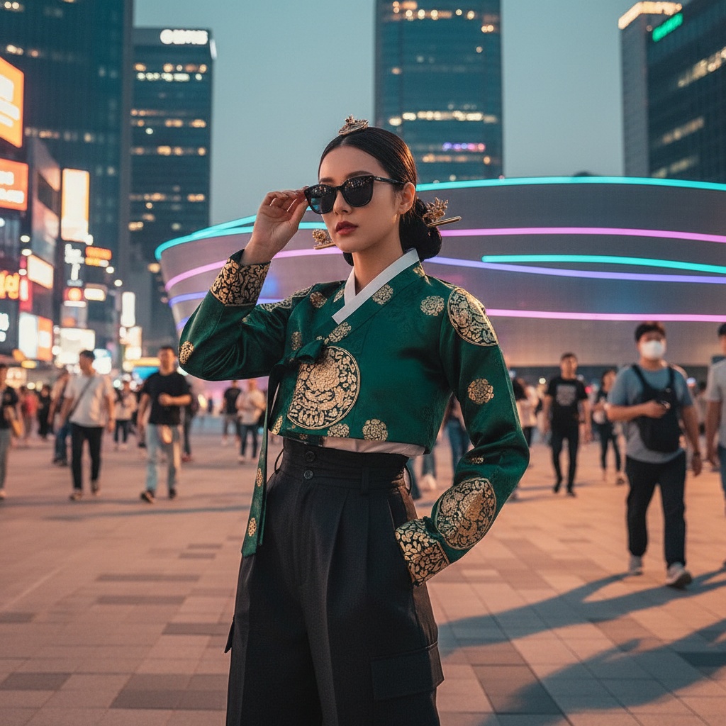 Olivia, a 26-year-old female model in a vibrant, bustling urban setting of Seoul under a neon-lit skyline. She embodies modernity and tradition, dressed in a unique ensemble blending traditional hanbok with contemporary street style, featuring a rich emerald silk jacket with intricate gold embroidery and high-waisted midnight black trousers. Her hairstyle is a modern twist on a hanbok topknot, adorned with gold hairpins. Captured in front of Dongdaemun Design Plaza, her pose is dynamic, adjusting her sunglasses with a confident flair. The scene is bathed in cinematic lighting, conveying the energetic ambiance of the city and the beautiful coexistence of tradition and modernity.