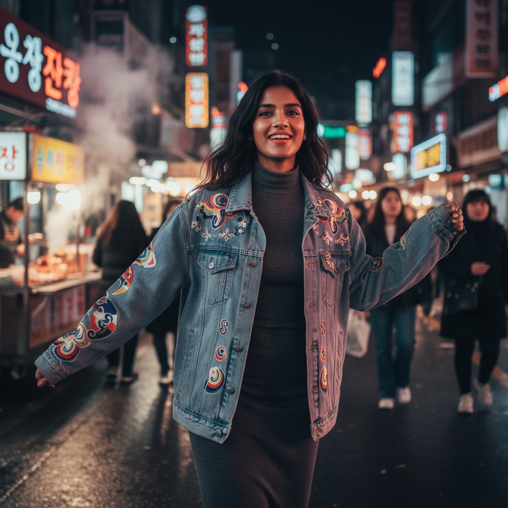 Sarah, a 23-year-old Indian female model, embodies the vibrant spirit of Seoul's urban scene against a neon-lit backdrop of a bustling street market. She wears a chic oversized denim jacket with intricate embroidery over a sleek, form-fitting charcoal turtleneck dress. Her hair is styled in effortless waves, with soft, dewy skin and vibrant coral lips. Striking a dynamic mid-stride pose, her outfit is enhanced by warm pink and icy blue neon reflections. The dramatic chiaroscuro lighting highlights her features and clothing textures, celebrating youthful exuberance and cultural fusion in modern Seoul.